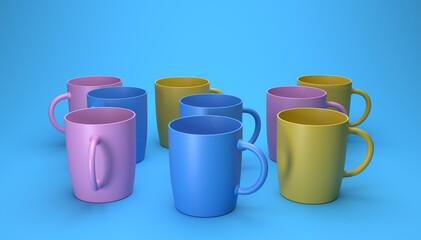 3d render of different color cups on a blue background.