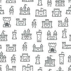 Seamless pattern with castles. Black and white thin line icons