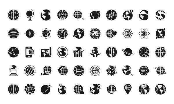 global and earth planet icon set, silhouette style