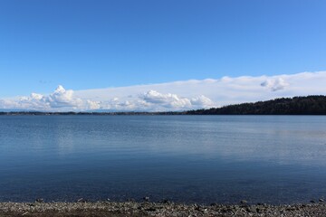 Calm water in Drayton Harbor with a panoramic view of surroundings