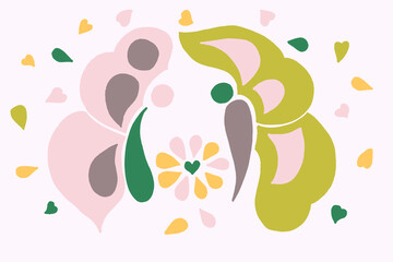 two butterflies with multicolored wings and a flower on a light background