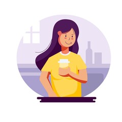 Flat style vector illustration. Girl taking juice in house, giving himself some time to rest before coming back to his sport