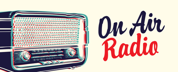 On air Radio broadcasting FM concept. Vector banner for radio station with a microphone, inscription and place for text in retro style. Suitable for poster, advertising, flyer
