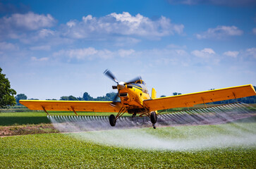 Yellow Crop Duster Airplane Aerially Applies Pesticide to Cotton Fields in Texas