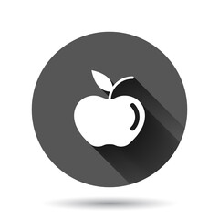 Apple icon in flat style. Fresh fruit vector illustration on black round background with long shadow effect. Juicy food circle button business concept.