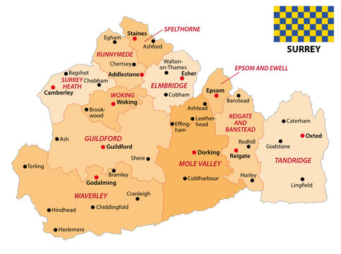 administrative vector map of the english county surrey with flag