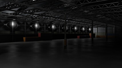 3d rendering of dark empty factory interior or empty warehouse