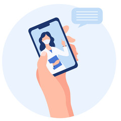 Vector flat isolated illustration hand and smartphone screen with female therapist in medical mask. Online doctor consultation