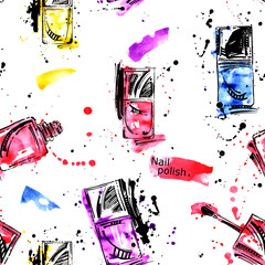 Watercolor seamless pattern with nail polish. Fashion illustration. Vector.