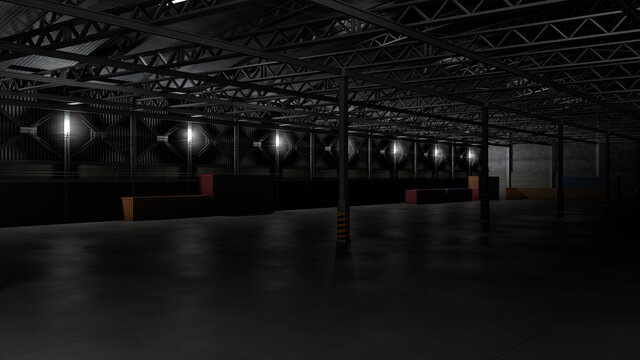 3d Rendering Of Dark Empty Factory Interior Or Empty Warehouse