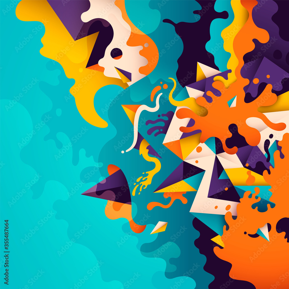 Poster abstract illustration with composition made of geometric and splattered shapes in various colors. ve