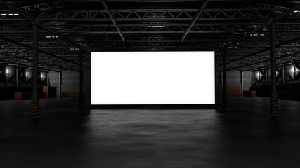 3d rendering of dark empty factory interior background or empty warehouse, a glowing white screen in the middle