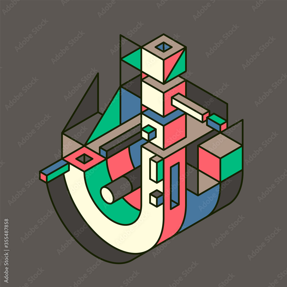 Poster abstract j letter design made of various isometric objects in color. vector illustration.