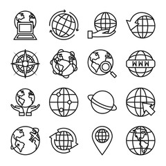 saturn planet and global sphere icon set, line style