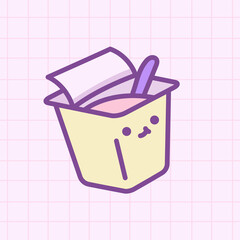 Vector illustration cute kawaii food tasty yogurt with smile face and spoon in doodle cartoon for icon, logo, symbol, print, patch or sticker