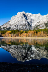Fototapeta na wymiar Rockies reflected in Wedge Pond an a crips autumn day. Spray Valley Provincial Park.