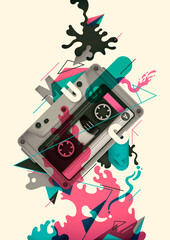 Abstract illustration in color, with composition made of various shapes and compact cassette. Vector illustration.