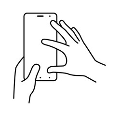 Hands hold smartphone vertically, finger touching the screen. Illustration on a white background. Vector line icons, sign, pattern.