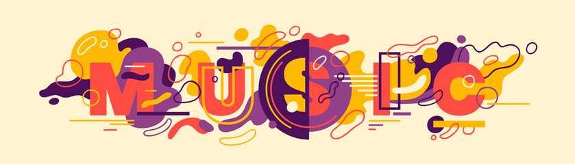 Abstract style music banner design with typography and colorful fluid shapes. Vector illustration.