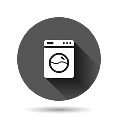 Washing machine icon in flat style. Washer vector illustration on black round background with long shadow effect. Laundry circle button business concept.