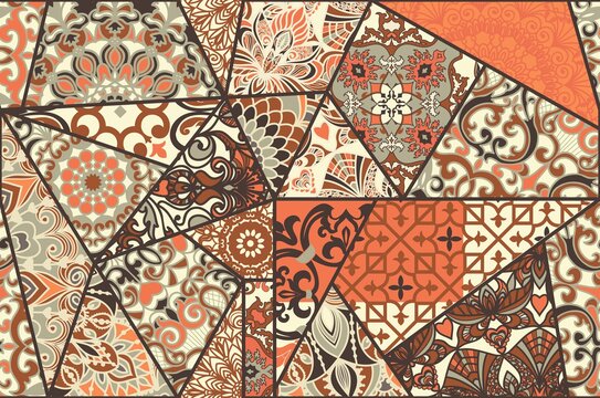 Vector patchwork quilt pattern. Vintage decorative collage. Hand drawn background. Indian, Arabic, Turkish motifs for printing on fabric or paper. Abstract colorful doodle pattern in mosaic style