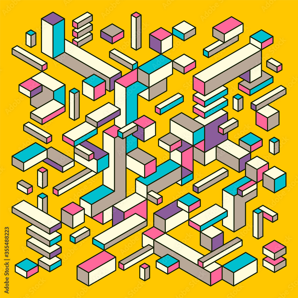 Poster abstract pattern made of isometric objects in intense colors. vector illustration.