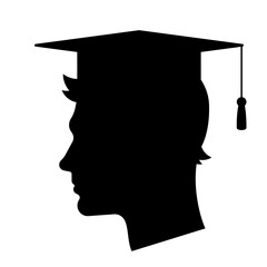 Graduate student - silhouette of man in graduation cap. The concept of graduating from university, school or educational institution. Male head, silhouette, face shape. Black vector illustration.