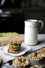 Mixed Nut and Dried fruits and Seeds Florentine, Gluten free whole foods Healthy biscuit cookies. set on cafe table.
