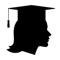 Graduate student - silhouette of woman in graduation cap. The concept of graduating from university, school or educational institution. Female head, silhouette, face shape. Black vector illustration.