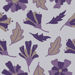 Purple flowers botanical hand drawn texture for design. Vector organic motive seamless pattern on yellow background. 