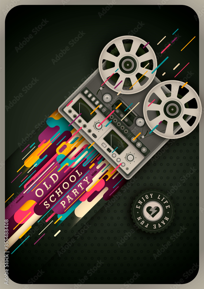 Poster abstract poster design with retro tape recorder, modern abstraction in color and text. vector illust