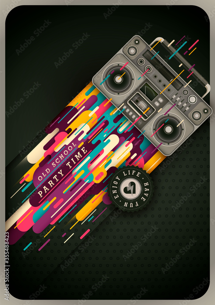 Poster abstract poster design with boombox, modern abstraction in color and text. vector illustration.
