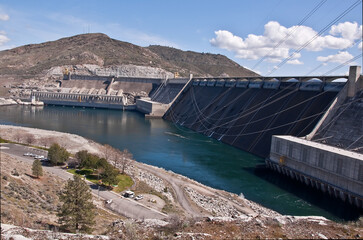 Landscape of Grand Coulee Dam in Washington State, one of the largest sources for hydro electric power on the Columbia River.  Located in Douglas County, area is arid and dry in the daytime 