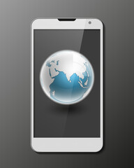 Smartphone, mobile phone isolated with Globe Eastern Hemisphere icon with smooth shadows and white map of the continents of the world, realistic