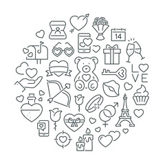 Pattern with love and valentines day. Black and white thin line icons
