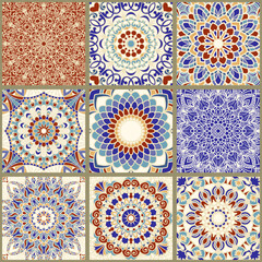 Collection of 9 ceramic tiles in turkish style. Seamless colorful patchwork from Azulejo tiles. Portuguese and Spain decor. Islam, Arabic, Indian, Ottoman motif. Vector Hand drawn background