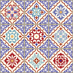 Seamless ceramic tile with colorful patchwork. Vintage multicolor pattern in turkish style. Endless pattern can be used for ceramic tile, wallpaper, linoleum, textile, web page background. Vector