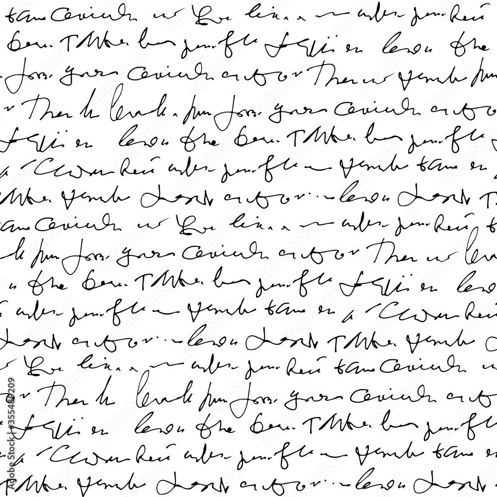 Fototapete handwritten abstract text vector seamless pattern, monochrome script isolated on white background