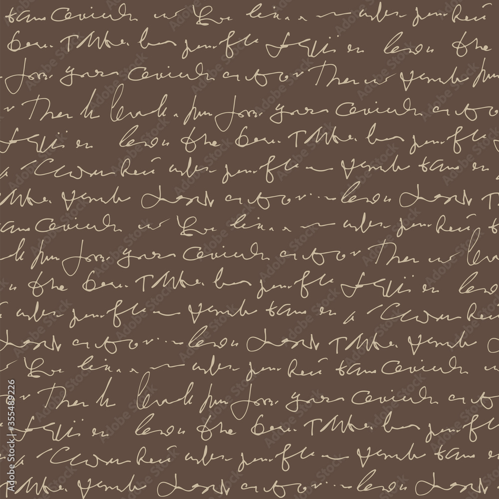 Poster handwritten abstract text vector seamless pattern, monochrome script isolated on brown background