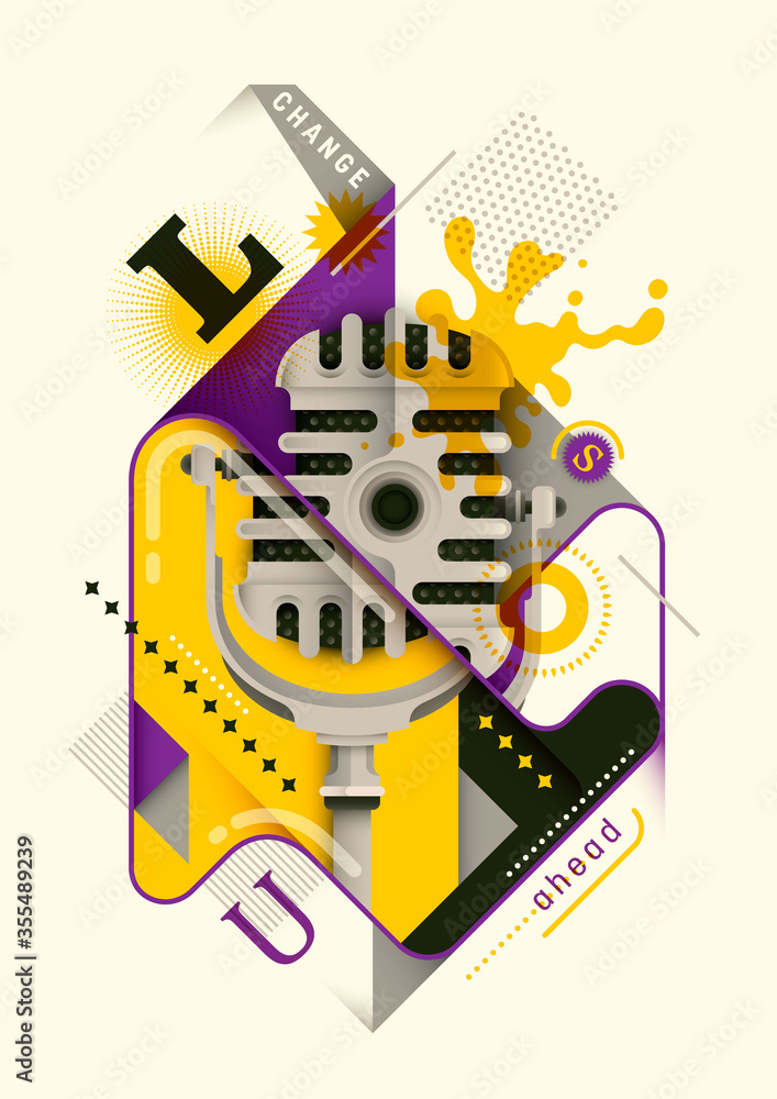 Fototapete abstract style poster design, with retro microphone, typography and various objects in color. vector