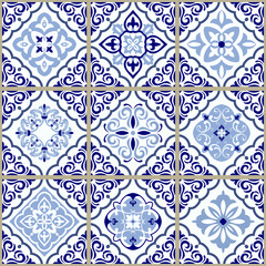 Vintage seamless pattern in Portugal style. Azulejo. Seamless patchwork tile in blue and white colors. Endless pattern can be used for ceramic tile, wallpaper, linoleum, textile, web page background