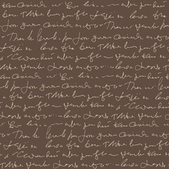 Handwritten abstract text vector seamless pattern, monochrome script isolated on brown background