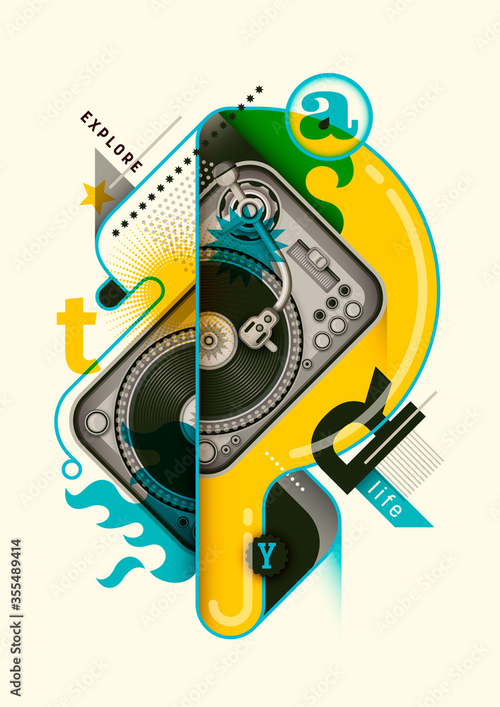 Poster abstract style poster design with turntable, typography and various designed objects in color. vecto