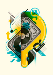 Abstract style poster design with turntable, typography and various designed objects in color. Vector illustration.