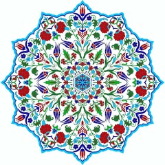 Floral hand drawn Mandala. Turkish motif. Round colorful floral ornament in traditional Oriental pattern. Isolated decorative element for card design, t-shirt print, ceramic tile. - 355489473