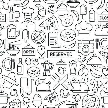 Seamless pattern with restaurant and food. Black and white thin line icons
