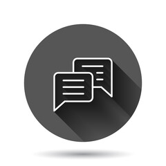 Speak chat sign icon in flat style. Speech bubbles vector illustration on black round background with long shadow effect. Team discussion circle button business concept.