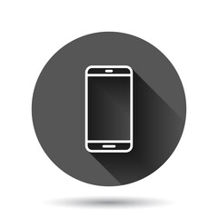 Smartphone blank screen icon in flat style. Mobile phone vector illustration on black round background with long shadow effect. Telephone circle button business concept.