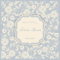 Template greeting cards, invitations and advertising banners, brochures with space for text. Vintage Invitation or wedding card with floral pattern in provence style and vintage frame