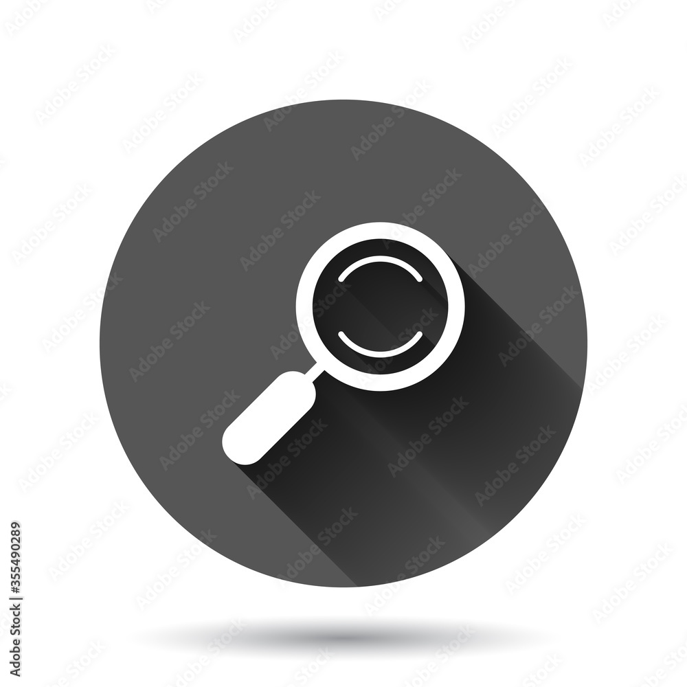 Poster loupe sign icon in flat style. magnifier vector illustration on black round background with long sha